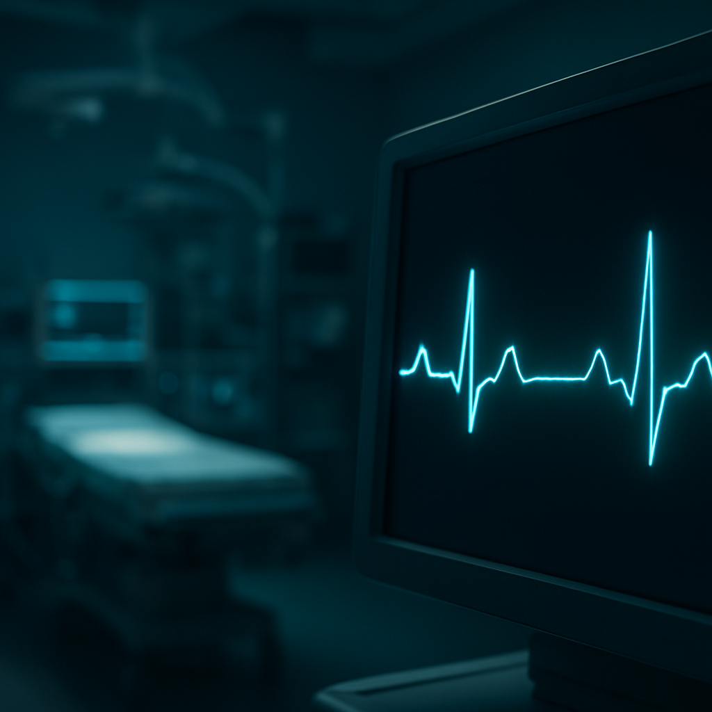 ECG heartbeat rhythm waveform on a cardiac monitor in an electrophysiology lab